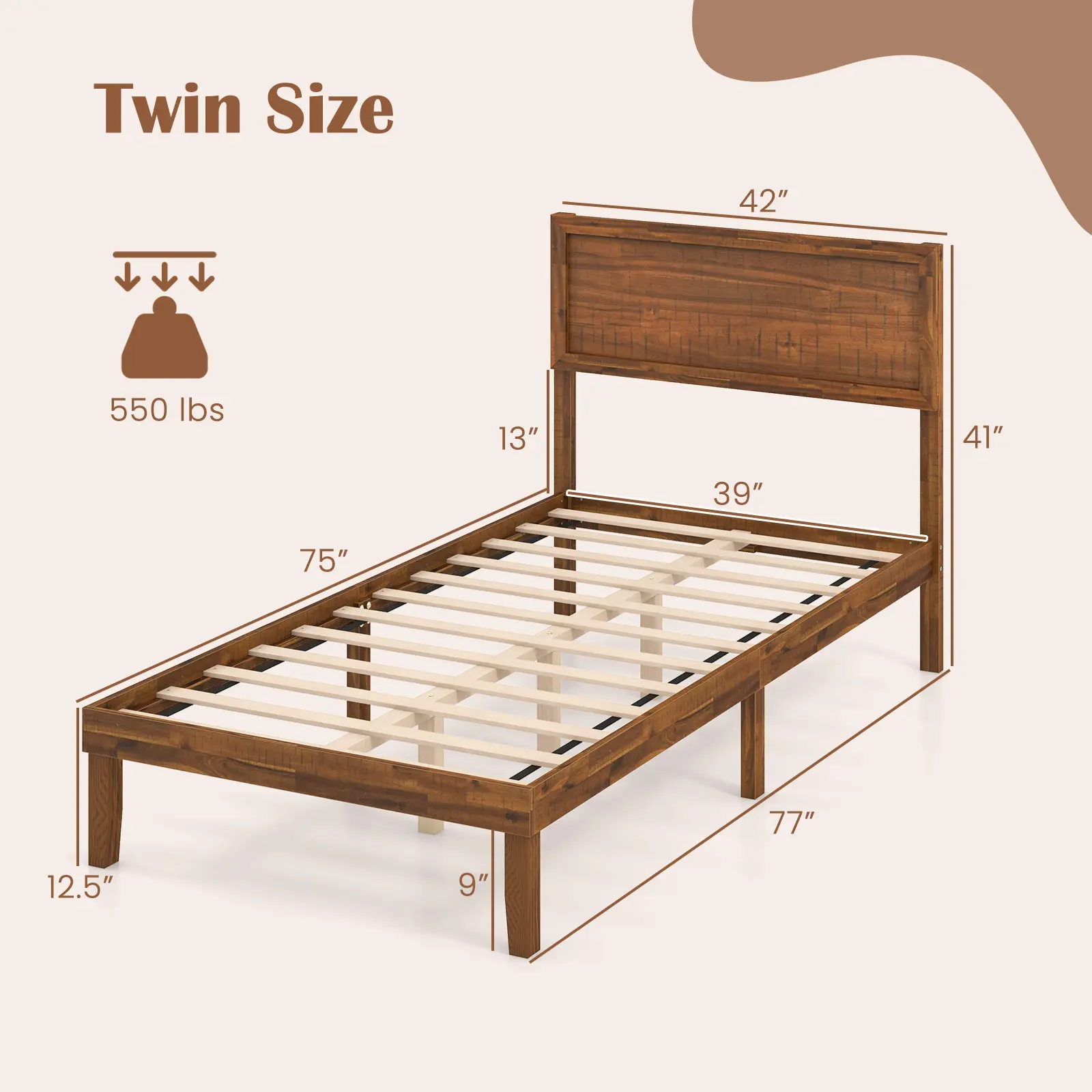 COSTWAY - Twin/Full/Queen Size Bed Frame with Headboard and Wooden Slats Support-Twin Size
