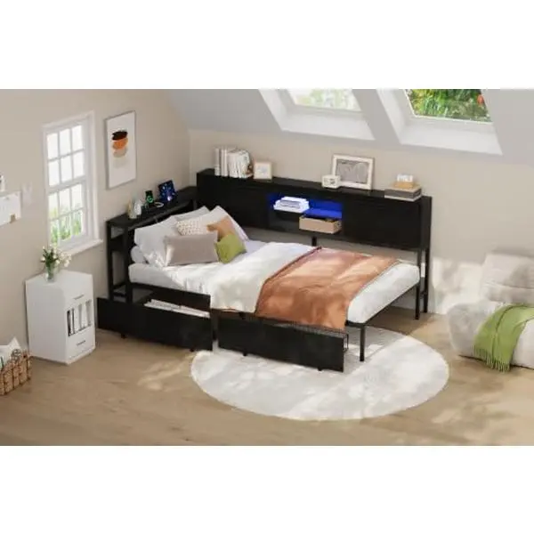 Twin Size Corner Bed Frame with 2 Storage Drawers