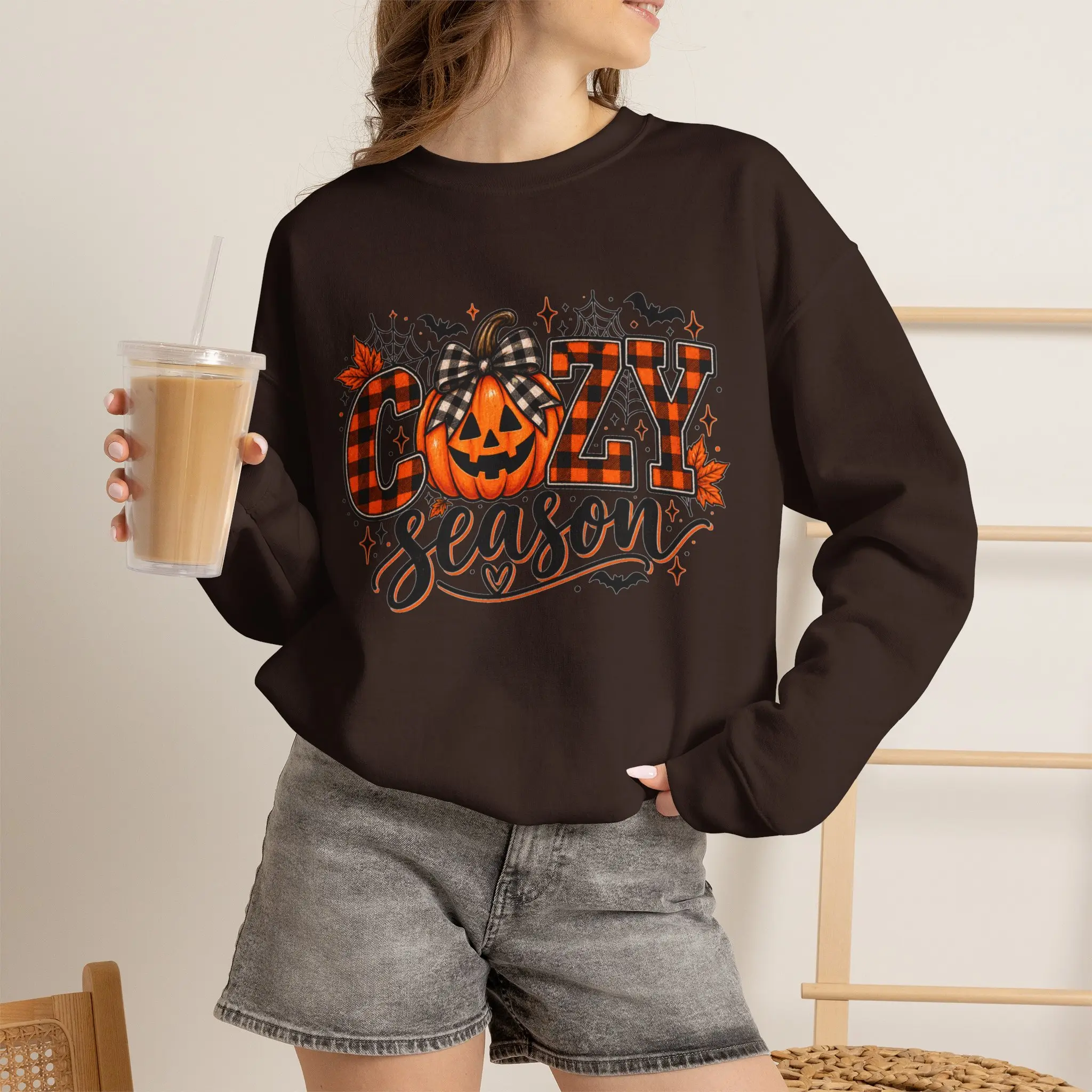 Cozy Season Pumpkin Plaid Sweater Crewneck Fabric Sweatshirt Womenswear