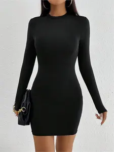 Women's elegant and refined slim-fit mock turtleneck bodycon solid-color chic Long Sleeve dress, a minimalist style perfect for both commuting and casual wear.