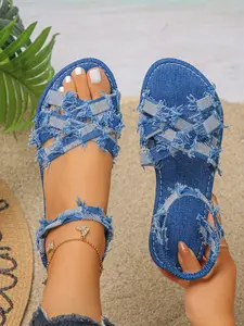 Women's Denim Edge Cross Cut Out Sandals, Retro Street Style Flat Slippers, Breathable Non-Slip Rubber Summer Shoes, Comfortable Daily Wear, Cross Strap Sandals