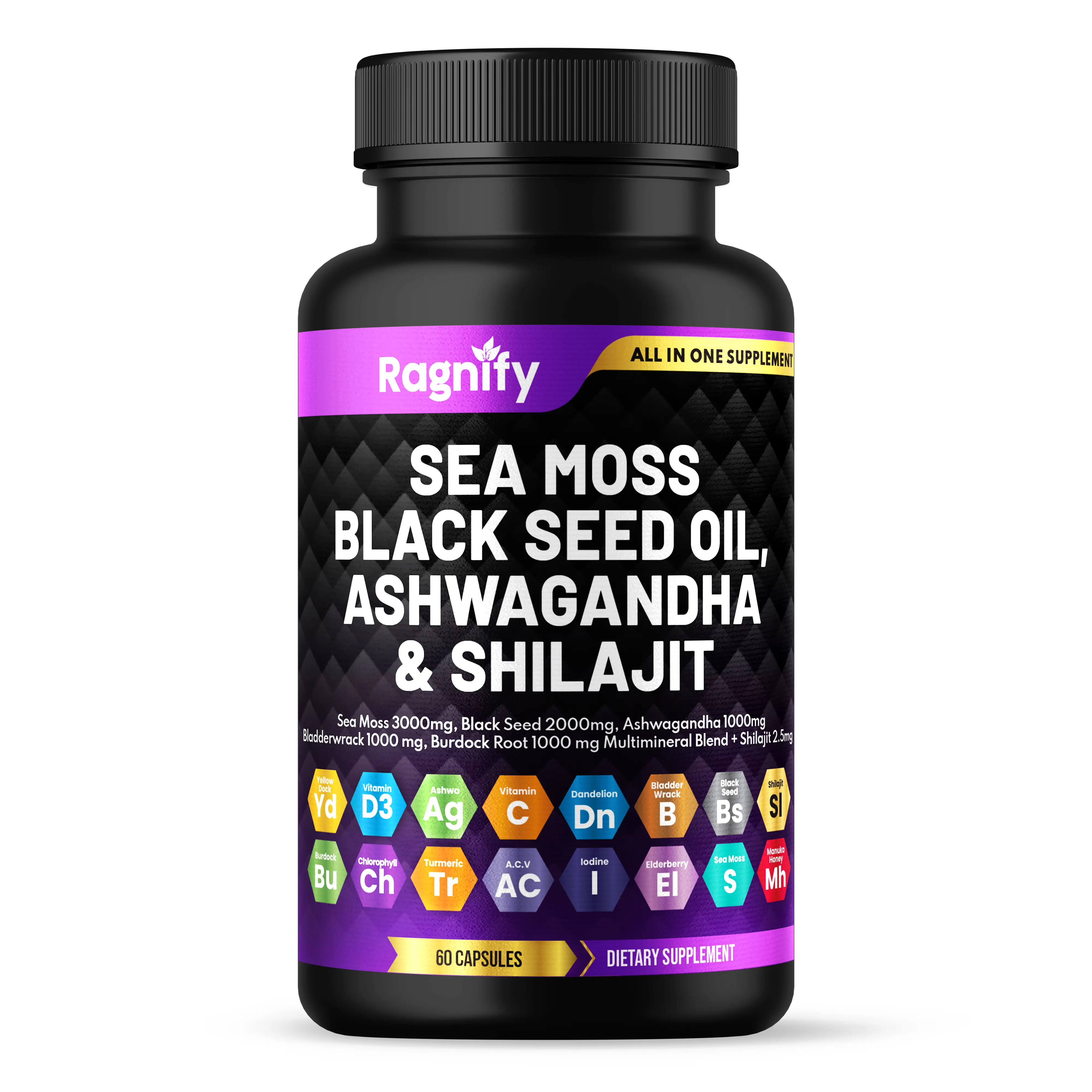 RAGNIFY Sea Moss Black Seed Oil Burdock Root, Bladderwrack & Muira Puama for Immunity, Gut, & Energy - Superfood Sea Moss Supplements /Raw Sea Moss Po
