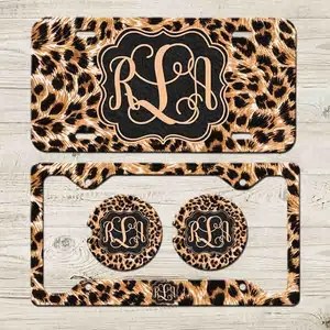 Personalized Leopard Print Car Accessories Set, Custom License Plate, Frame & Car Coaster, Monogram Cheetah Car Gift