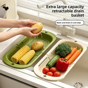 Retractable household draining basket, multifunctional kitchen vegetable washing basin, dish rack, plastic dishwashing  draining rack Triangular Fruit Strainer and