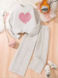 Two-Piece Set Girl's Heart Print Sweatshirt & Sweatpants Set, Casual Fashion Set Long Sleeve Pullover Top & Pants for Fall & Winter, Kids Clothes for Daily Wear