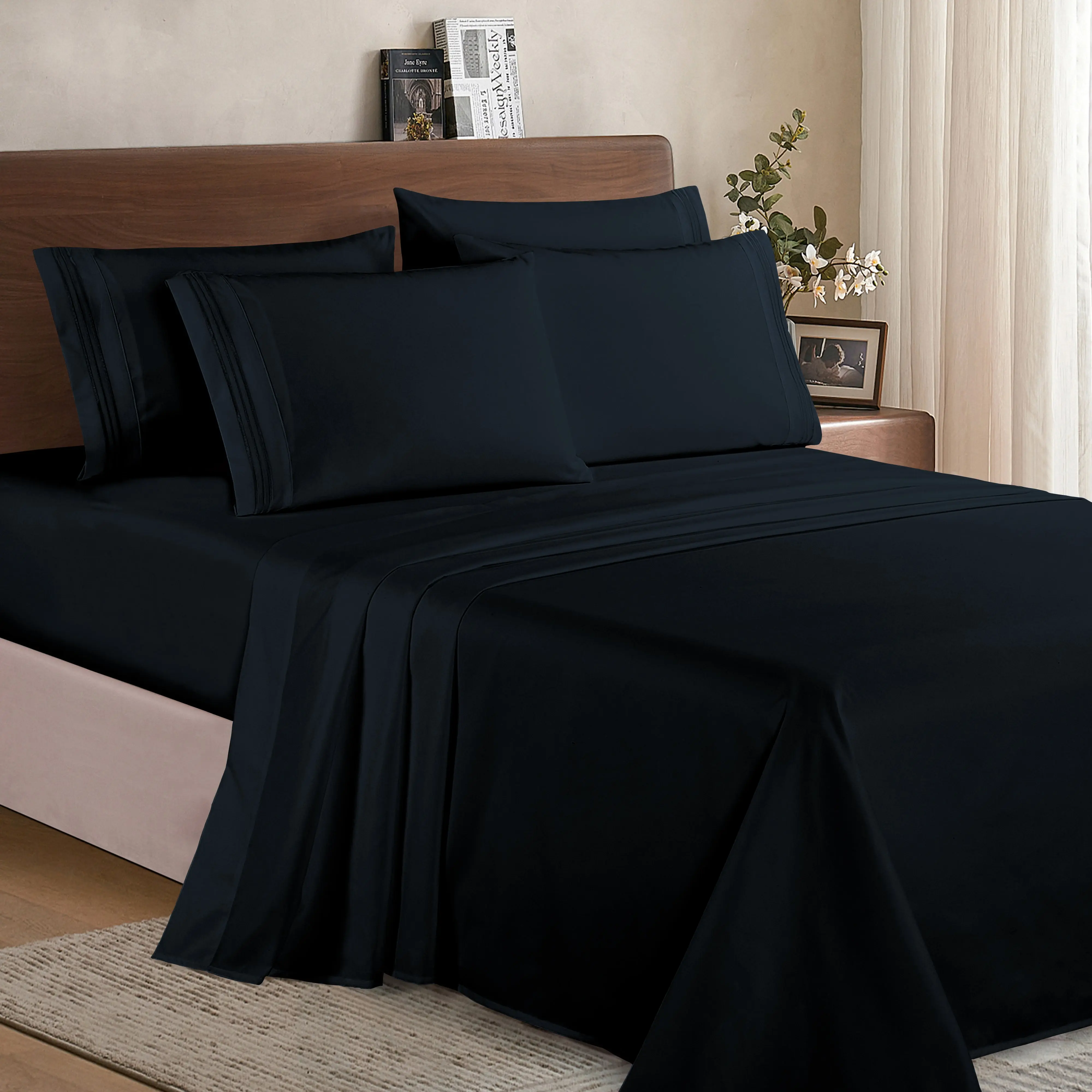Elegant Comfort Essential 6-Piece 3-Line Embroidery Sheet Set - Ultra Soft Hotel Quality, Deep Pocket Fitted Sheet