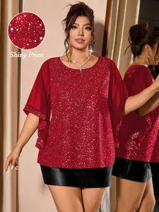 Plus Size Round Neck Batwing Sleeve Sequin Print Glitter Loose Fit Blouse, Top, Lady, Casual Party Wear, Multi-Scene, All Seasons