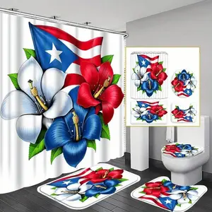 1/4pcs Puerto Rican flag pattern shower curtain set, includes non-slip mat, U-shaped rug, and toilet seat cover. Perfect for bathroom decoration, partitioning, and beautifying the space. Comes with 12 shower curtain hooks. Bathroom Decoration Accessories
