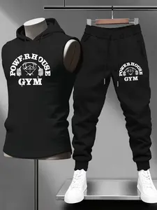Men's Fitness Sportswear Set, Hooded Sleeveless Vest Top & Drawstring Waist Pants, Weightlifting Print Design, Casual Outdoor Wear