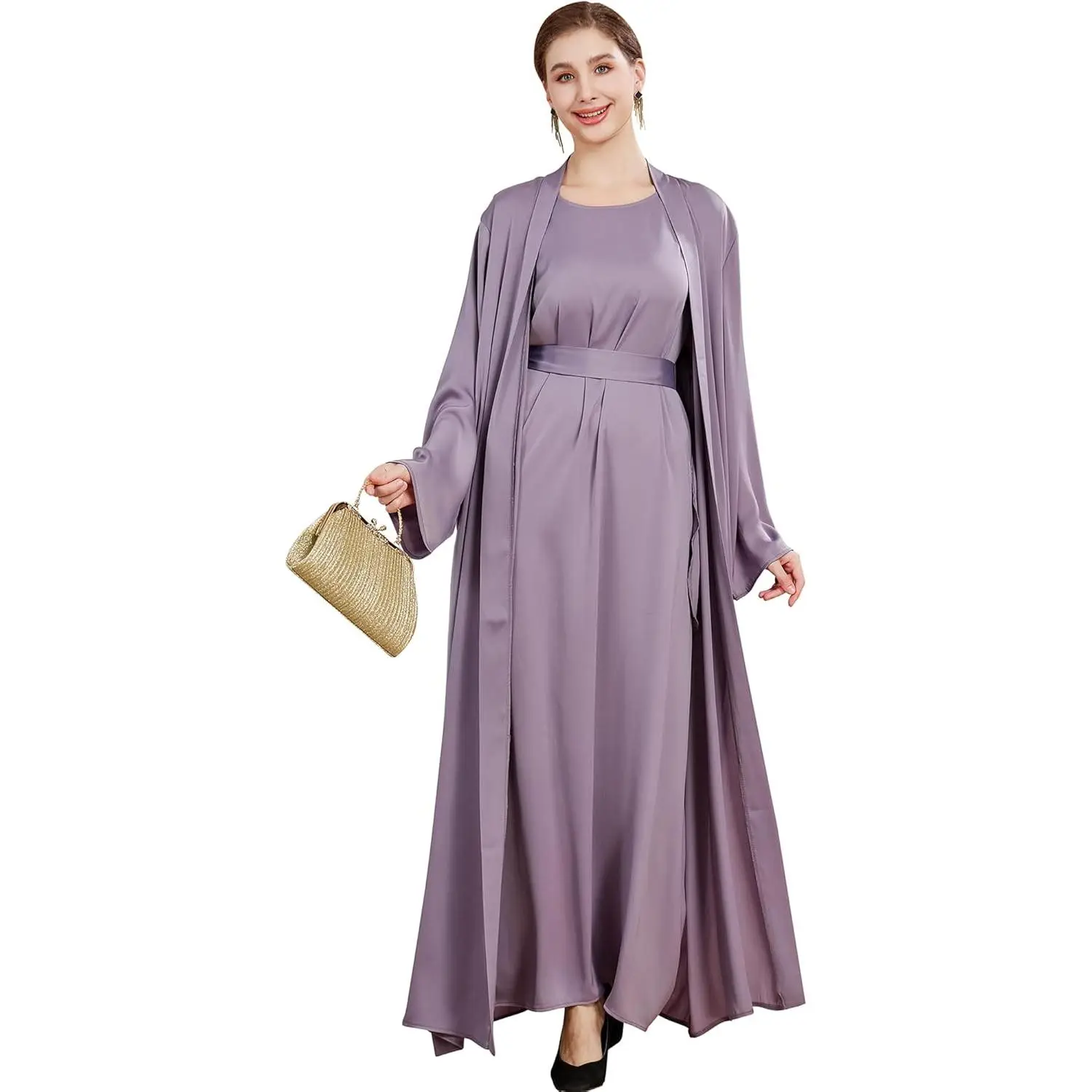 Islamic Abaya Dress for Women Muslim Maxi Abayas 2 count Silky Fashion Dress Set Daily Kaftan Jilbab Outfit Women Eid Robe