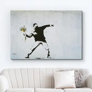 Canvas Print Wall Art Banksy Man Throws Yellow Flower Bouquet Graffiti & Street Art Pop Culture Illustrations Pop Art Bohemian Multicolor Dark for Living Room, Bedroom, Office SHJY-01179