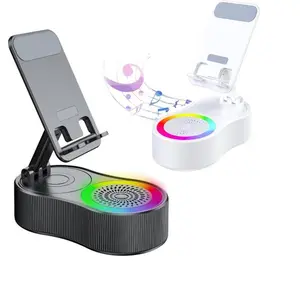 Phone Holder with Wireless Speaker, Portable Tablet Stand with Emergency Charging, 360° Rotatable Adjustable Folding Lift-non-slip Base for Phones, Adjustable Cellphone Holder