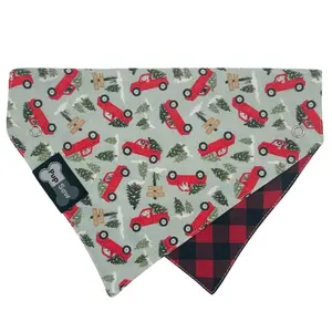 Red Trucks Buffalo Plaid Dog Collar Bandana, Reversible and Two-Tone