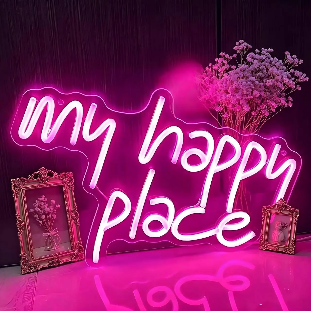 My Happy Place Neon Sign,  Pink LED Neon Light for Wall Decor, USB Powered My Happy Place Signs, Words Neon Lights for Girls Bedroom Birthday Party Wedding Christmas Halloween Aesthetic