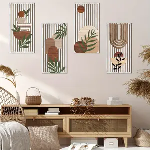 Wooden Wall Art, 4 Counts/set Boho Style Geometric & Plants Pattern Wall Decor, Wall Art for Home Living Room Bedroom Office Decor, Ornaments, Modern Home Decoration