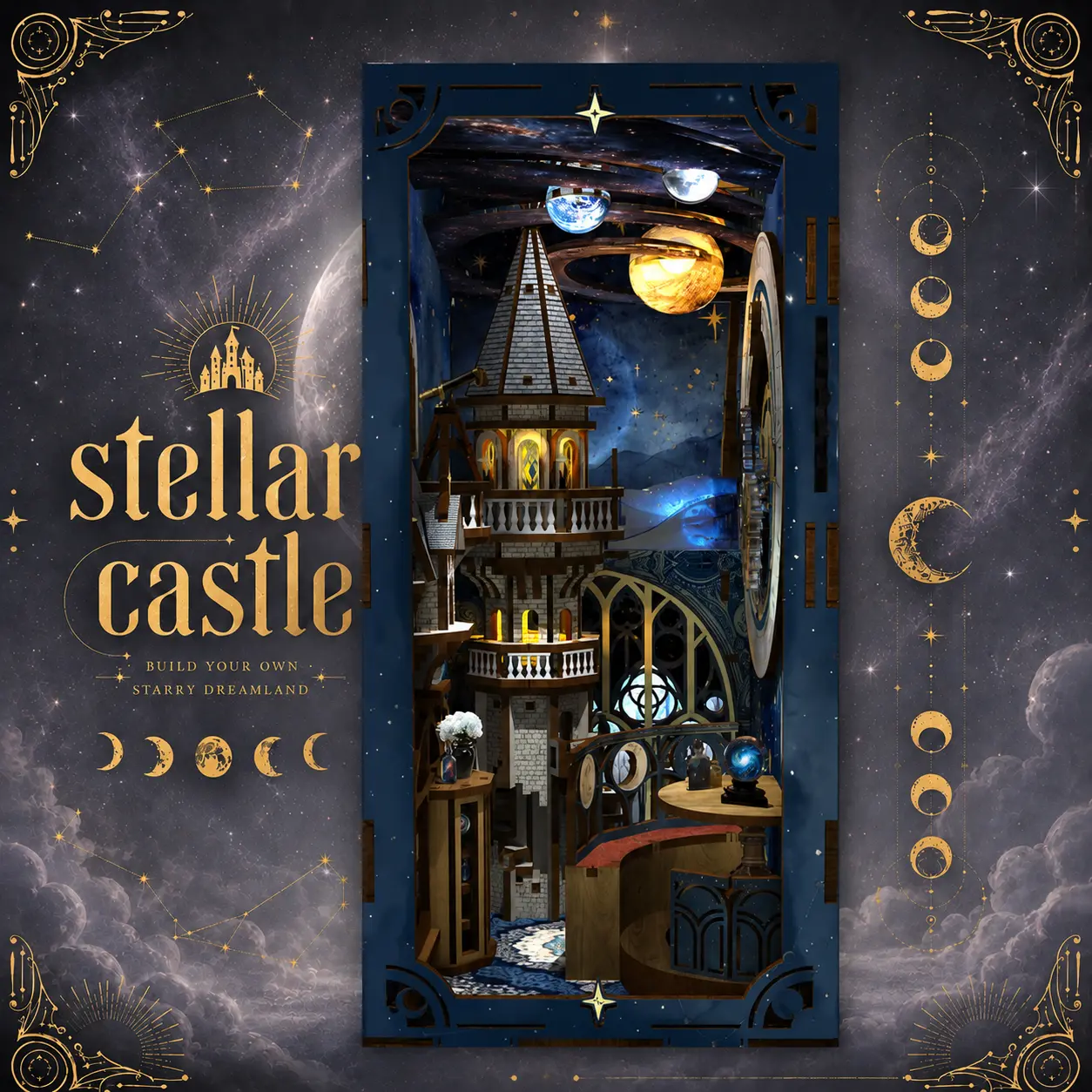 MINICITY Stellar Castle DIY Book Nook Kit with LED Lights and Interactive Zodiac Clock, 3D Wooden puzzle, Gothic Observatory Bookshelf Insert, Ages 14+