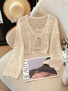 Women's V Neck Hollow Out Tie Front Crochet Knittd Cropped Cardigan, Long Sleeve Loose Fit Casual Summer Spring Lightweight Fashion Chic Street Daily Wear Knit Cardigan, Women Summer Cardigan