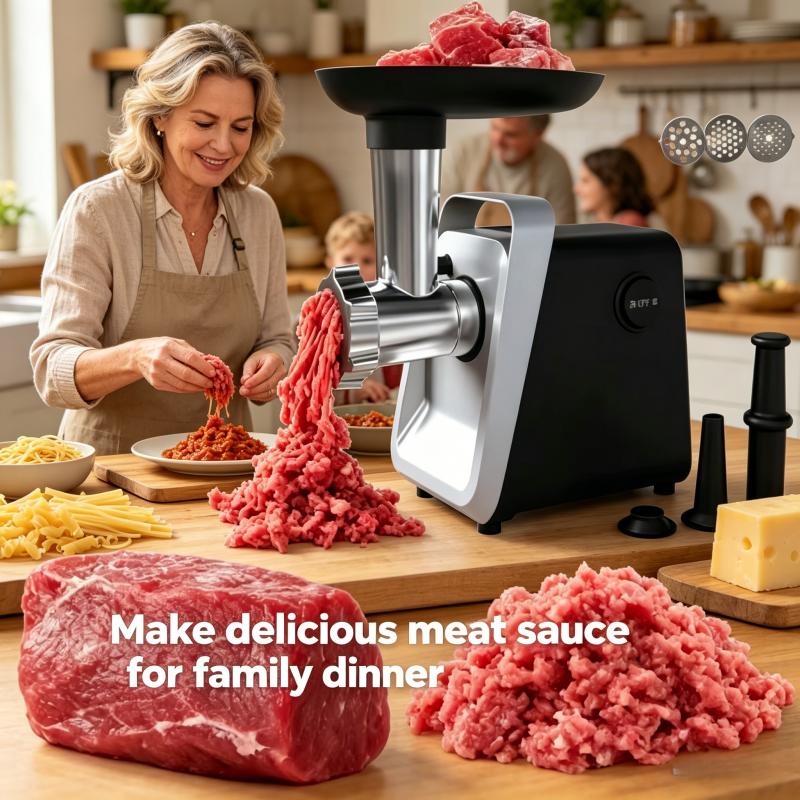 Electric meat grinder, stainless steel meat grinder with 2 blades, sausage tube, and Kubbe kit, 2800W suitable for home kitchen use with US standard plug
