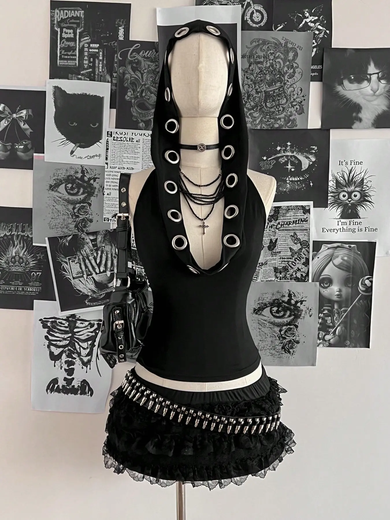 Trendy Gothic Women's Retro Sexy Y2K Music Festival Punk Backless Hooded Neckline Top, Stylish and Edgy Fashion Statement Piece