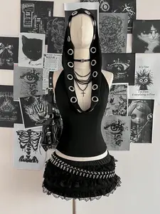 Trendy Gothic Women's Retro Sexy Y2K Music Festival Punk Backless Hooded Neckline Top, Stylish and Edgy Fashion Statement Piece