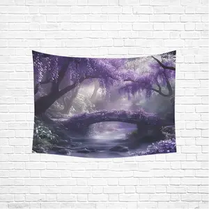 Enchanting Purple Plum Forest & Country Bridge Tapestry - Vibrant Landscape Wall Hanging with Stone Arch Bridge, Lush Greenery & River Reflections, Perfect for Bedroom Dorm Decor & Holiday Party Settings,Bedroom Wall Decor  Vibrant Wall Hanging