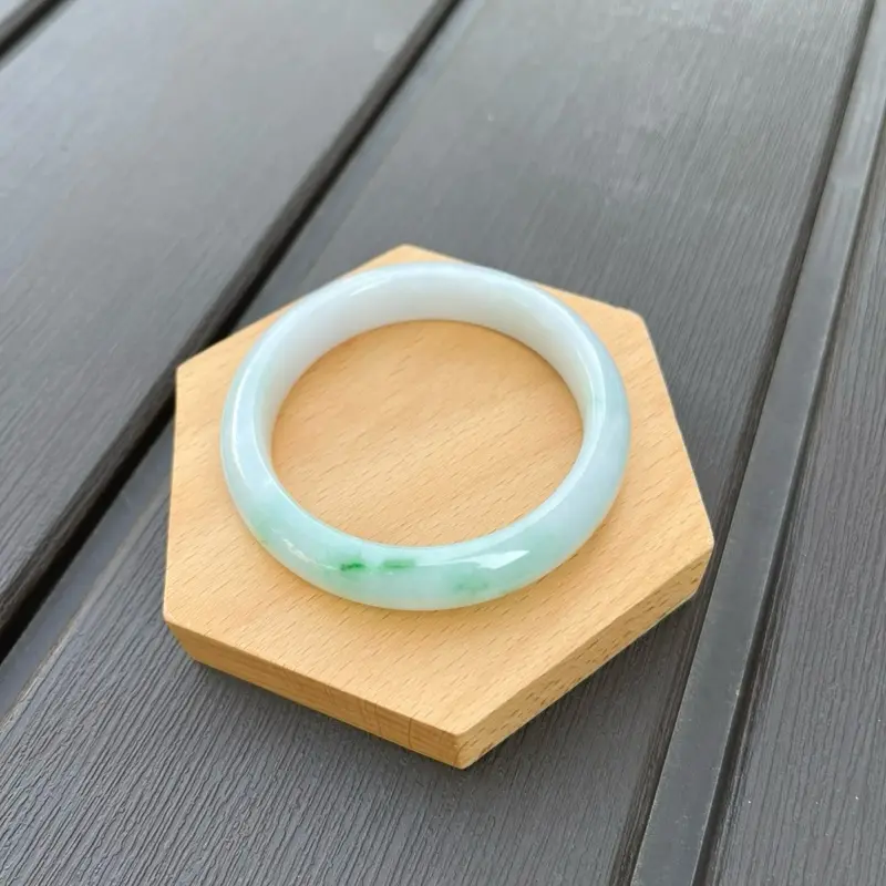 25058-L Certified Untreated Grade A Jade Bracelet - Round 54mm (Burmese Jadeite Bangle, White and Green)