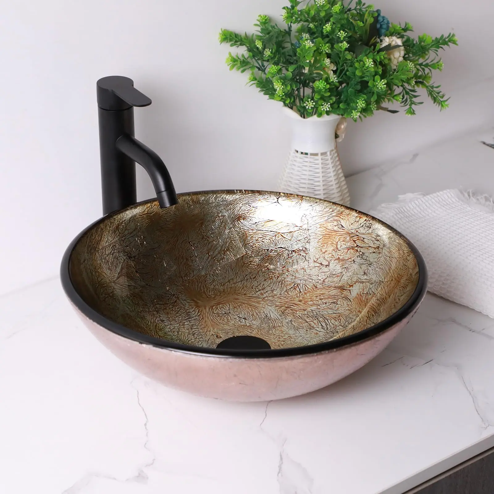 Lordear Glass Vessel Sink Bathroom Sink 16 x 16 Inch Round Glass Vessel Sinks Artistic Brown Tempered Glass Vanity Sink Round Vessel Sink with Pop-Up Drain Countertop Basin for Bathroom