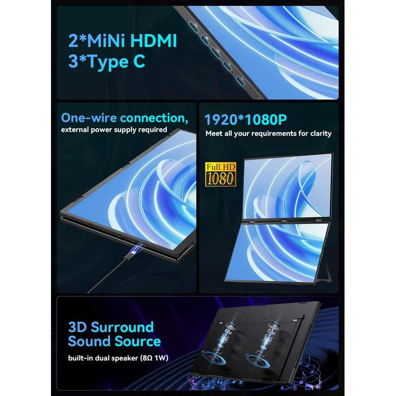 UPERFECT Triple Screen 15.6"/18.5" Portable Foldable Monitor Dual Screen with Stand Extender 1080P FHD IPS for Laptop Windows
