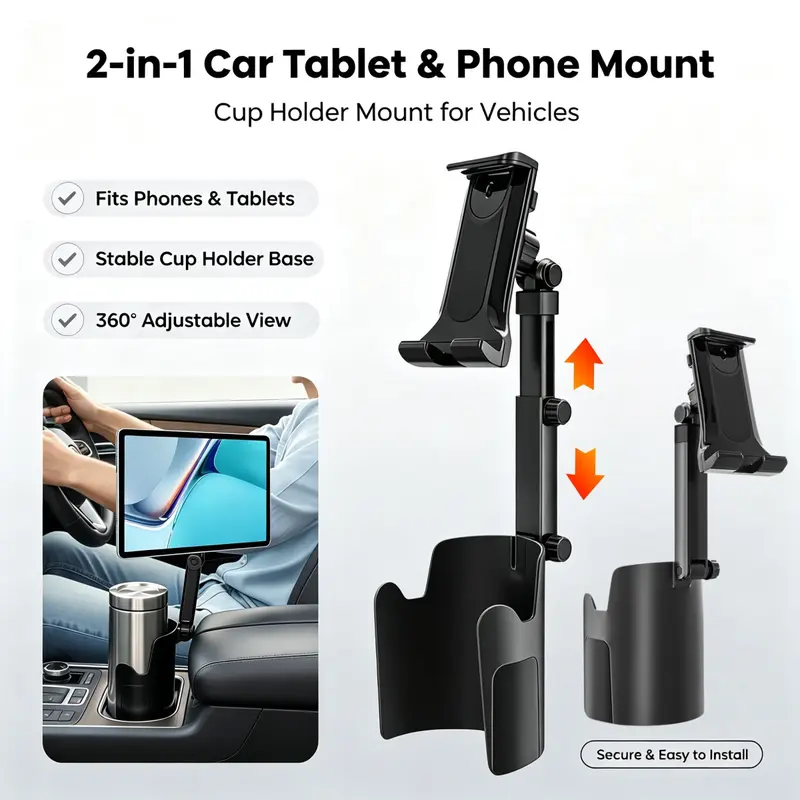 2 in 1 Phone Tablet Mount Stand with Bottles Drinks Cup Holder for Car SUV Truck Pickup, with Telescopic Rod, 360° Rotation Car Water Bottle Coffee Mount, Universal for iPhone Samsung Galaxy, for iPad Pro 11 / 10.5 / 9.7 iPad Mini 4/3/2/1 iPad Air 5/4/3/2