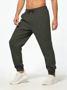 Men's solid color casual pants, elastic waist drawstring and ankle fold design, woven ankle binding pants, college style, fitness pants, suitable for gym, sports, and daily wear (universal throughout the year)