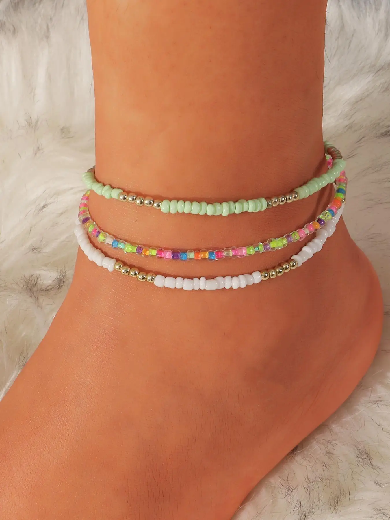 Women's 3pcs 2025 Rainbow Boho Colorblock Plastic Beaded Decor Anklet, Fashion All-match Beaded Anklet for Women, Fashion Colorblock Decorative Anklet