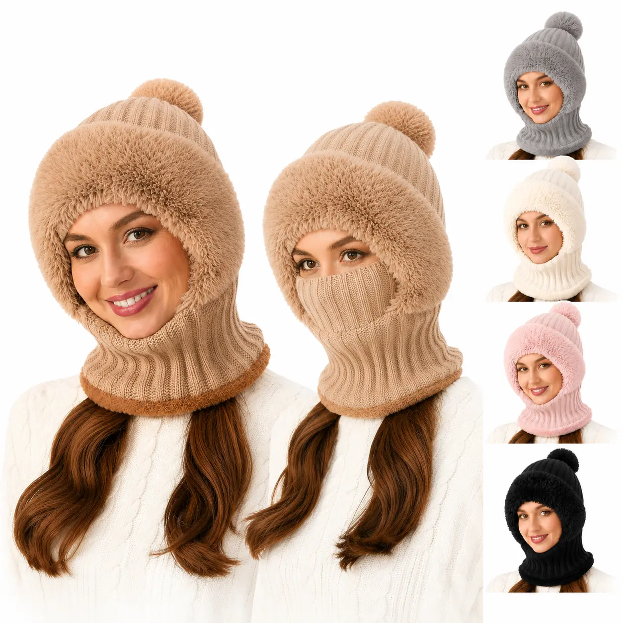 TIVIRA Cozy Solid Color Pom-Pom Beanie for Women Windproof Ski Mask Winter Scarf Hat Outdoor Sports Protection Balaclava