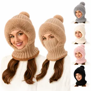 TIVIRA Cozy Solid Color Pom-Pom Beanie for Women Windproof Ski Mask Winter Scarf Hat Outdoor Sports Protection Balaclava