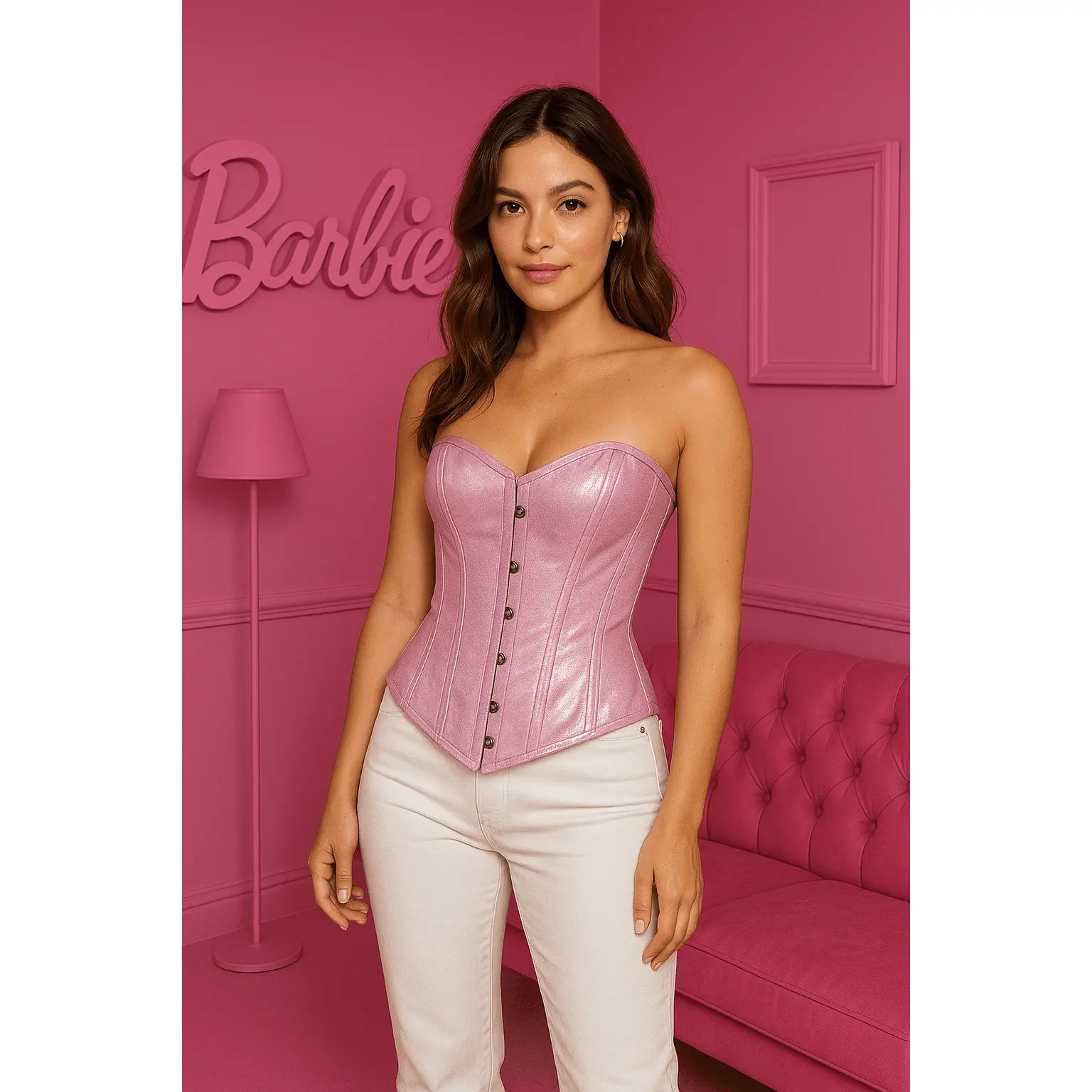 Miss Leather Pink PVC Corset Top - Longline Over Bust Corset with Criss Cross Lacing and Steel Busk