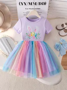 Girls' Easter Dress, Light Short Sleeve Top with Rabbit Ears, Eggs & Floral Pattern, Rainbow Mesh Skirt, Sweet Dreamy Style, Floral Printed Dress