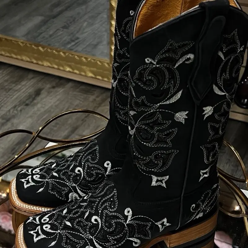 Women's Black Handcrafted Boots by Master Artisans Fine Original Cowhide Nobuck Leather Rodeo 1.5" High Heel Made in Mexico - Girl, Shoe
