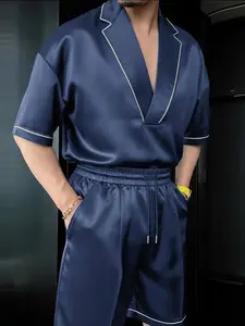 INCERUN Men's Fashion Simple Menswear Suit, Plain Short Sleeve Shirt Top, Waist Cinched Shorts, Casual Loose-Fitting, Ideal for Daily Wear, Outfit