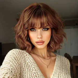 Women' Dark Auburn Short Wavy Bob Wig with Bangs - Heat-Resistant Synthetic Hair Suitable for Cosplay, Party & Daily Wear - Voluminous Curly, Natural Look, Comfortable Wearable Hairpiece