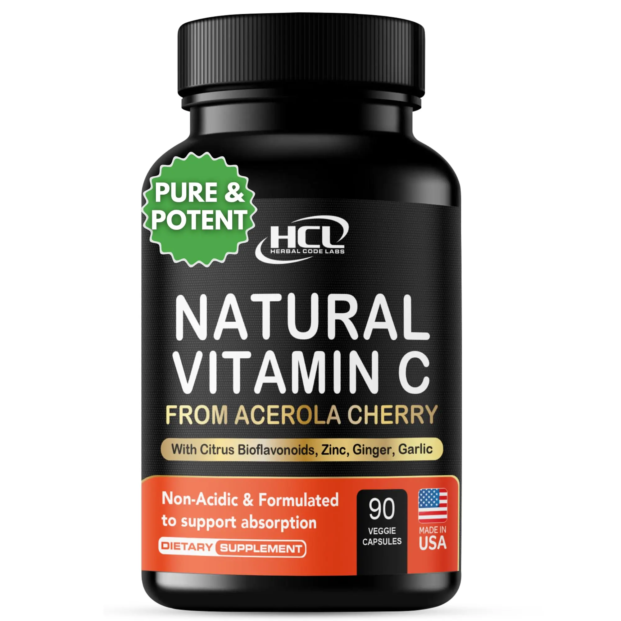 HCL HERBAL CODE LABS Natural Vitamin C from Organic Acerola Cherry - High Absorption - with Garlic Ginger & Citrus Bioflavonoids - Immune System & Collagen Booster - Anti Aging Skin Vitamins