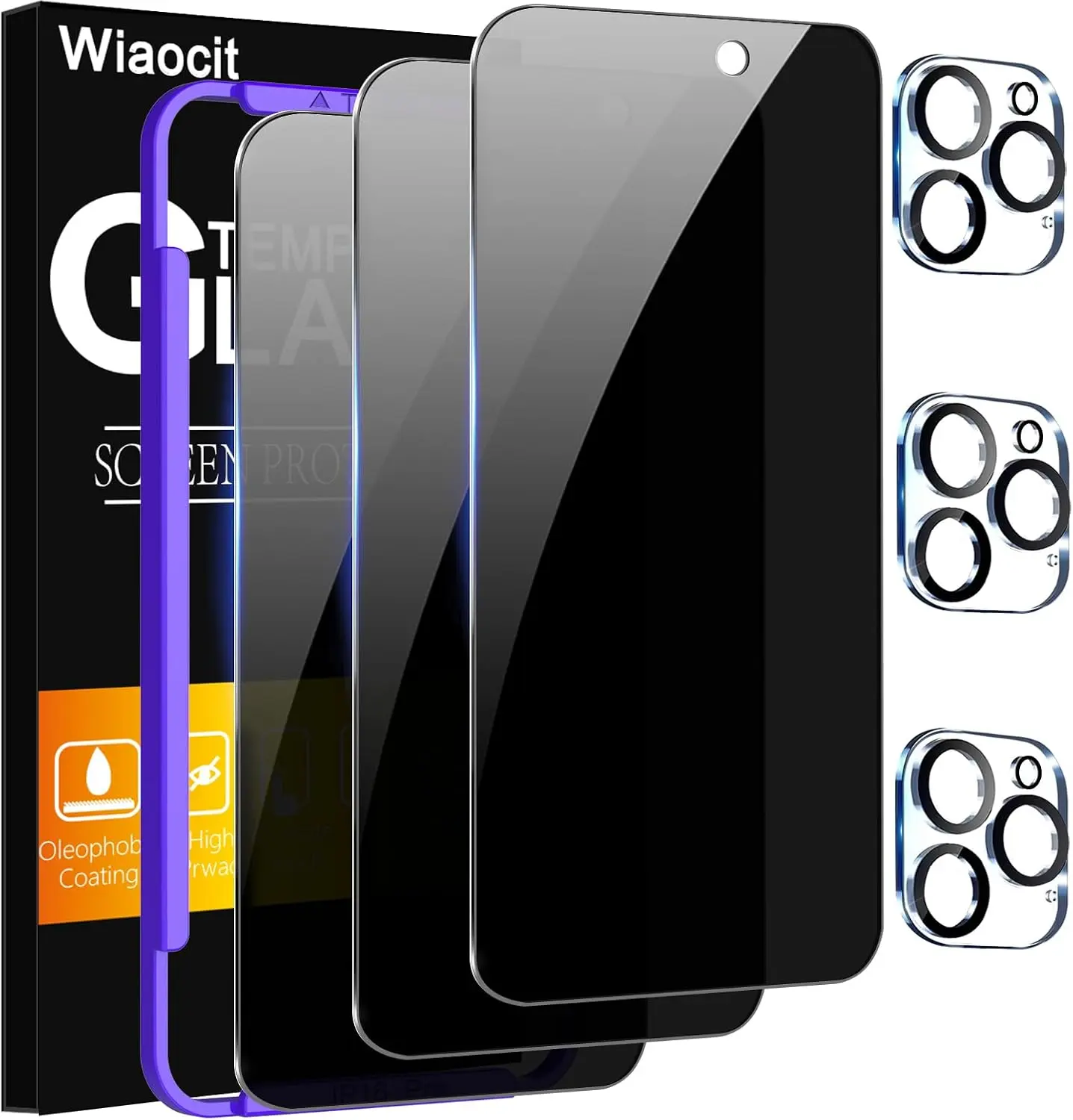 3 Pack Tempered Glass Privacy Screen Protector for iPhone 16 Pro with 3 Pack Camera Lens Protector, 9H Hardness, Bubble Free, Case Friendly