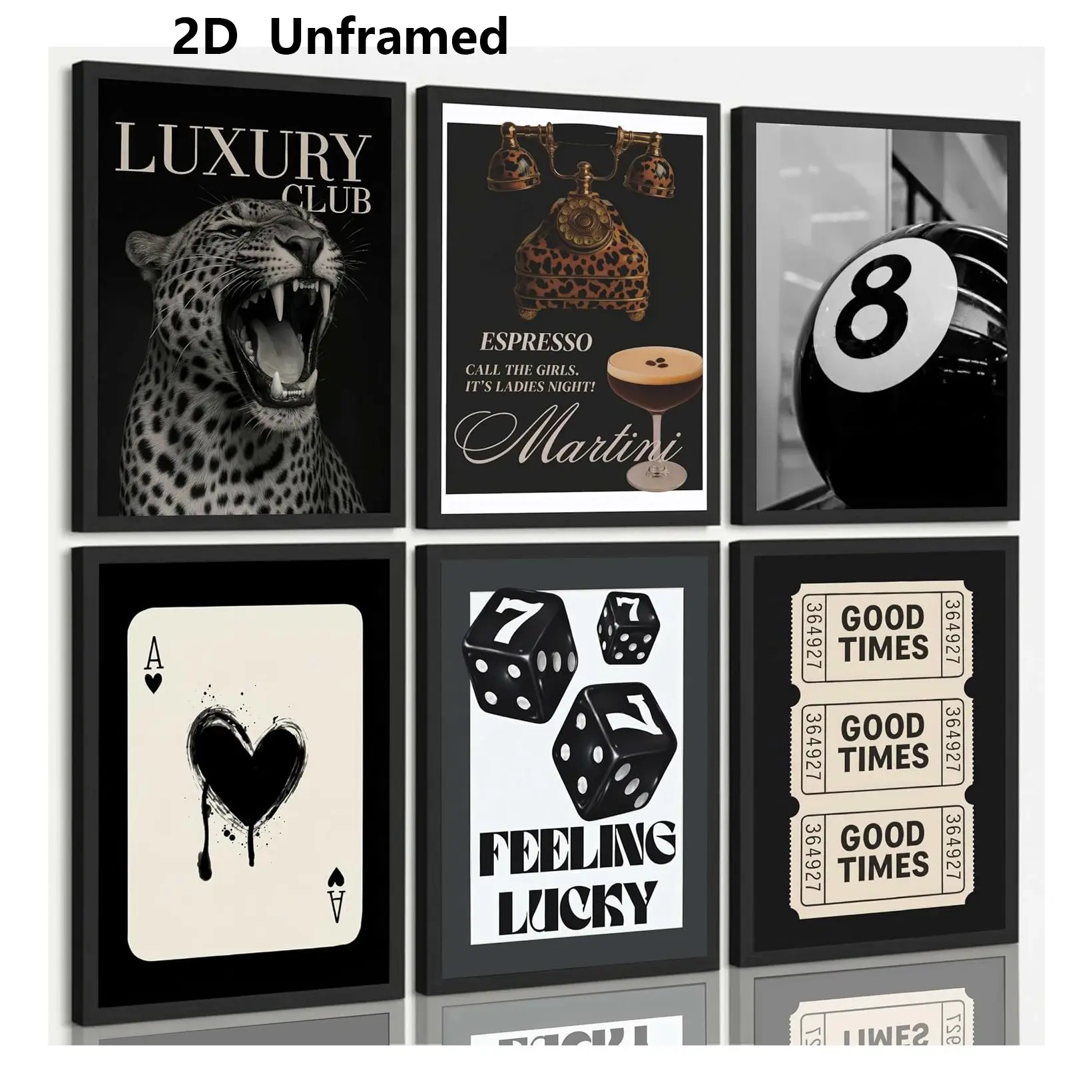 Set of 6, Unframed Wall Art, Leopard-Print Canvas Wall Art, Retro Preppy Style, Cheetah, Lucky No. 8 Ball, Aesthetic Artwork, Printed Artwork, Perfect for Teen Girls' Bedrooms, Apartments, and Dorm Rooms, Frameless 2D Canvas Print