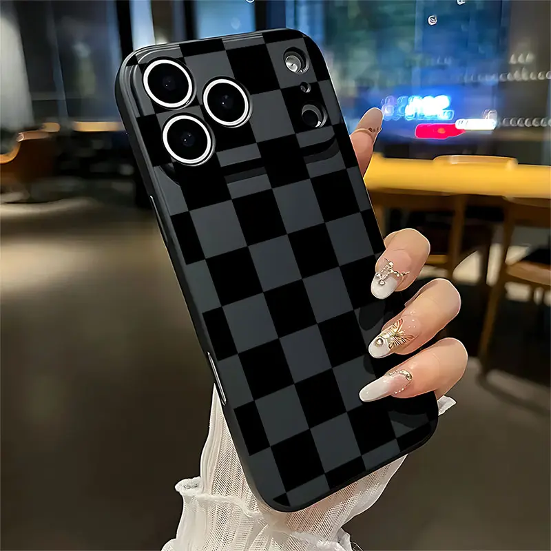 Black checkered Soft&Flexible TPU Silicone Phone Case For iPhone 17 Pro Max AIR 16 15 14 13mini 12 11 Plus XR XSMAX Cases For Samsung Galaxy S26 Ultra S25 Edge S24 S23 S22 Plus  Durable|Shockproof|Full Camera Protection