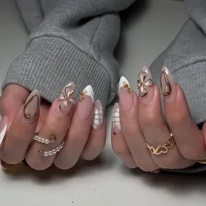 Press On Nails Set – Fall French Almond Metallic 3D Floral Hand-Painted Color Block Design, 24PCS with 5 Nail Tools, Easy to Apply, Reusable DIY Manicure for Home, Daily or Party Wear Customized Liveroom Nail Art  Christmas gift