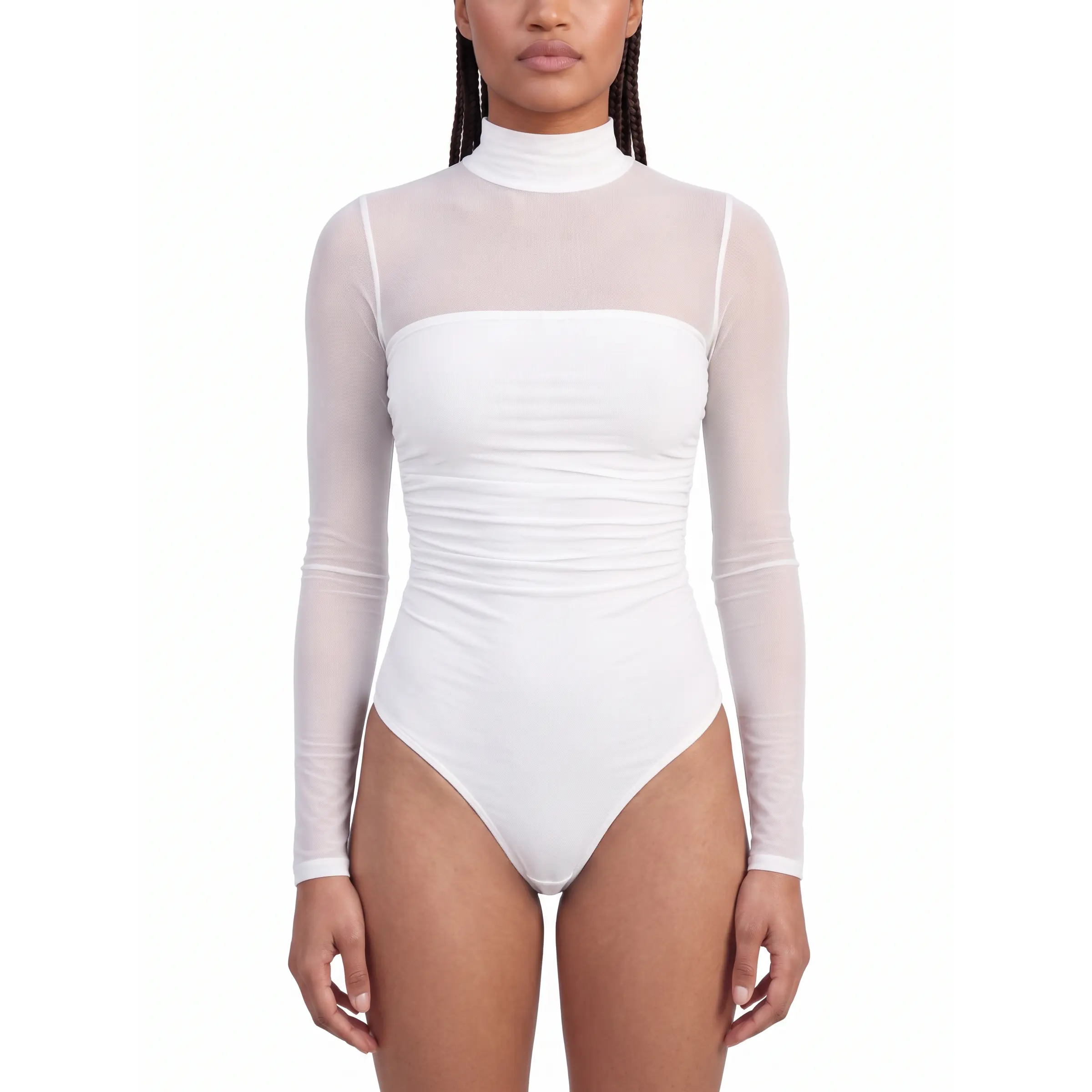 Women's Mesh Ruched Bodysuit, Long Sleeve Mock Neck Top for Coffee Runs and Daily Wear