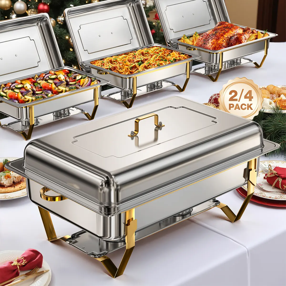 Dealsforyoudays WARMOUNTS 9QT Gold Rectangular Chafing Dishes Set - Mirror Polished Stainless Steel Buffet Warmers with Rolled Rim, Foldable Frame & Full Size Pan for Catering, Wedding, Party & Events(2/4/6 Packa)