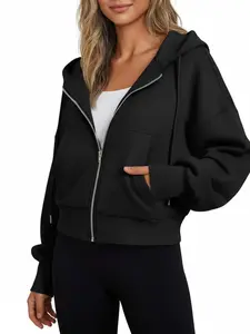 Women's New Fleece Fall Winter Long Sleeve Hooded Zipper Plain Loose Fit Hoodie Jacket with Pockets, Casual Fashion Outerwear