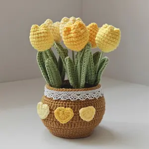 Handmade Crochet Lucky Tulip Bonsai Simulation Living Room Decoration Preserved Flower Ornament for Gardening