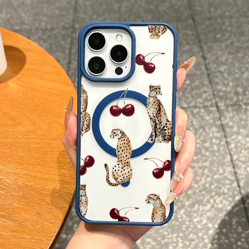 Magnetic TPU iPhone Case, Magsafe Ready Protector for iPhone 11/12/13/14/15/16/17 Pro Max, Aesthetic Cheetah-Cherry Mixed Print, Anti-Drop Shock Resistance, Lightweight Ultra-Thin Mobile Phone Accessory for Everyday Use
