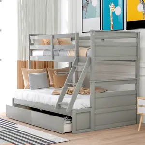 Pine Wood Twin Over Full Bunk Bed, Convertible into 2 Individual Beds, with Removable Ladders and 2 Storage Drawers (Grey)