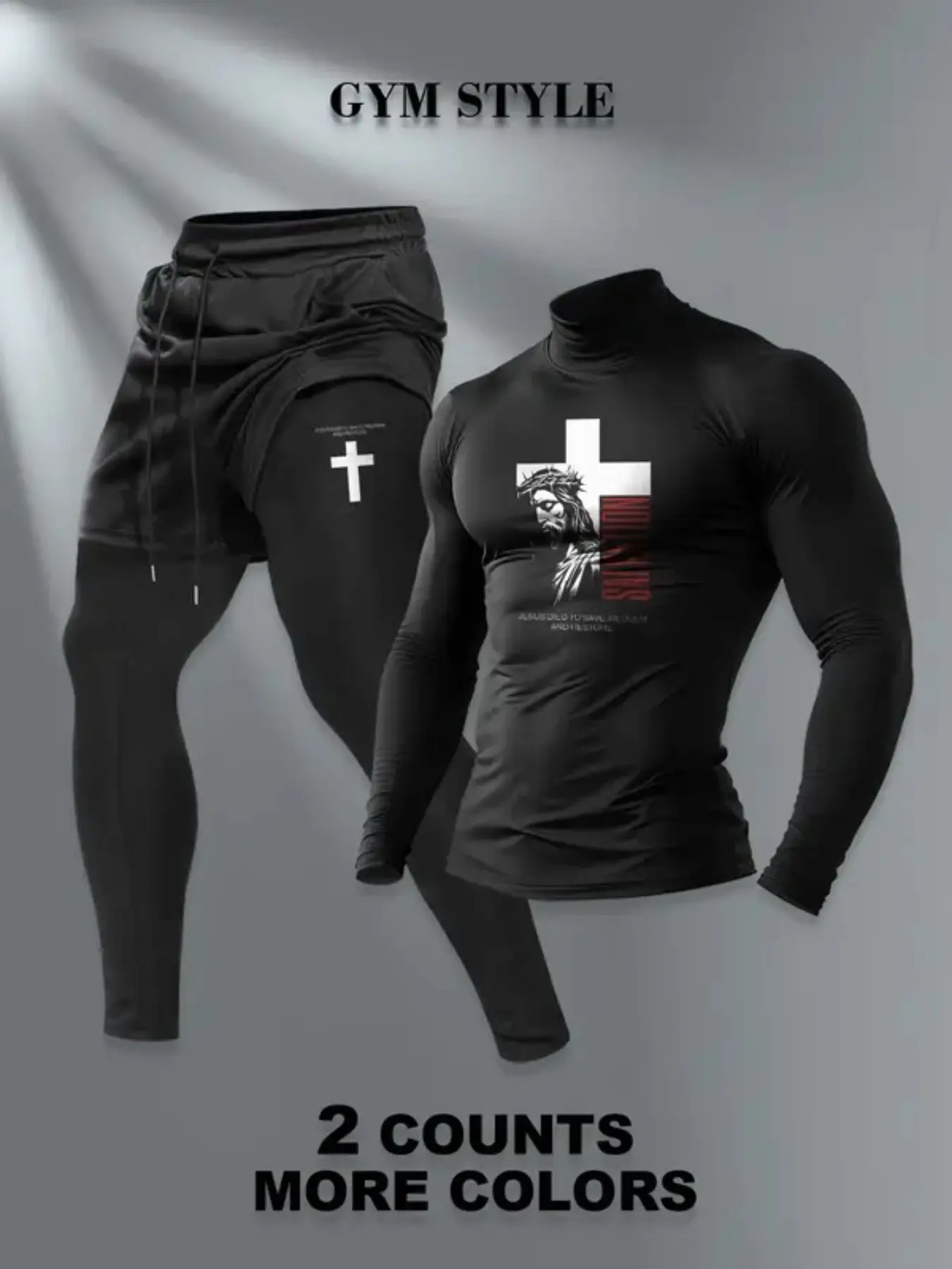 Men's 2026 Faith Fitness Fashion Set, Elastic Sports Fabric, Religious Elements, Outdoor Light Sportswear, Daily Commute Men's Clothing, Fitted Sportswear Set